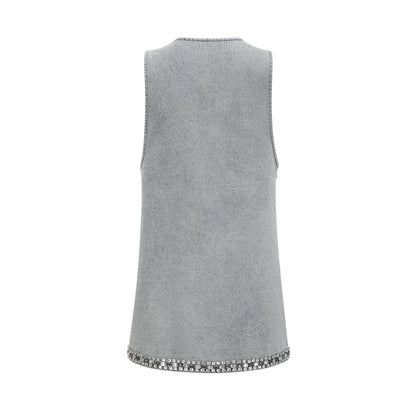 Daphné Kristal İşlemeli Kolsuz Denim Mini Elbise Mavi