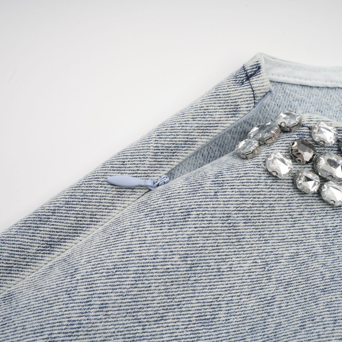 Daphné Kristal İşlemeli Kolsuz Denim Mini Elbise Mavi