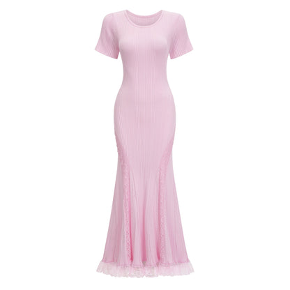 Thalya Dantel Detaylı Örme Midi Elbise Pembe