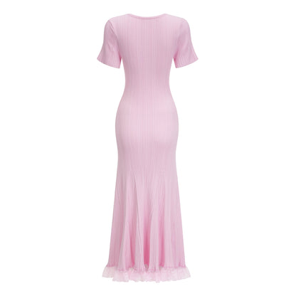 Thalya Dantel Detaylı Örme Midi Elbise Pembe