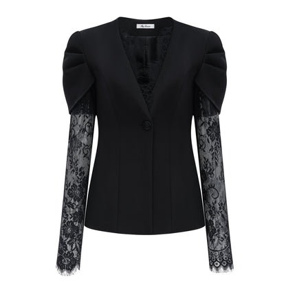 Saffron Dantel Detaylı Yakasız Blazer Siyah