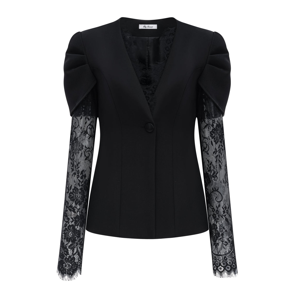 Saffron Dantel Detaylı Yakasız Blazer Siyah