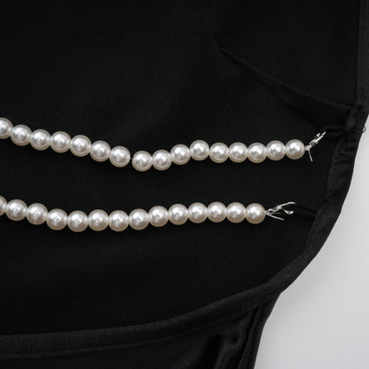 Ginevra Halter Yaka İnci Detaylı Saten Maksi Elbise Siyah