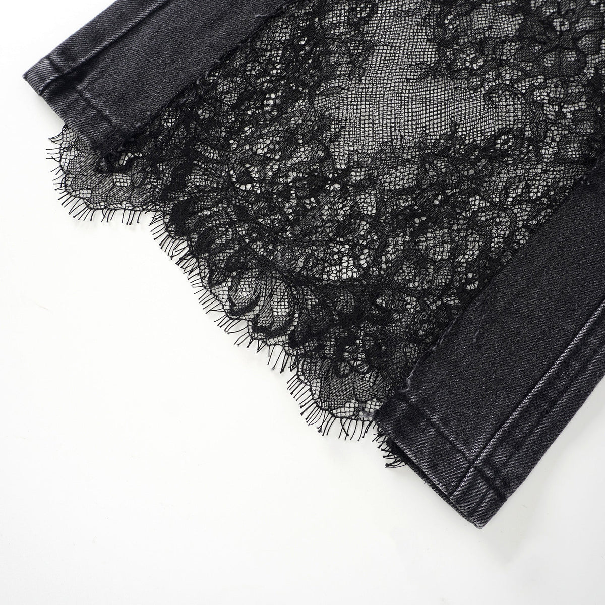 Madeline Çiçekli Dantel Detaylı Geniş Paça Jean Pantolon Siyah
