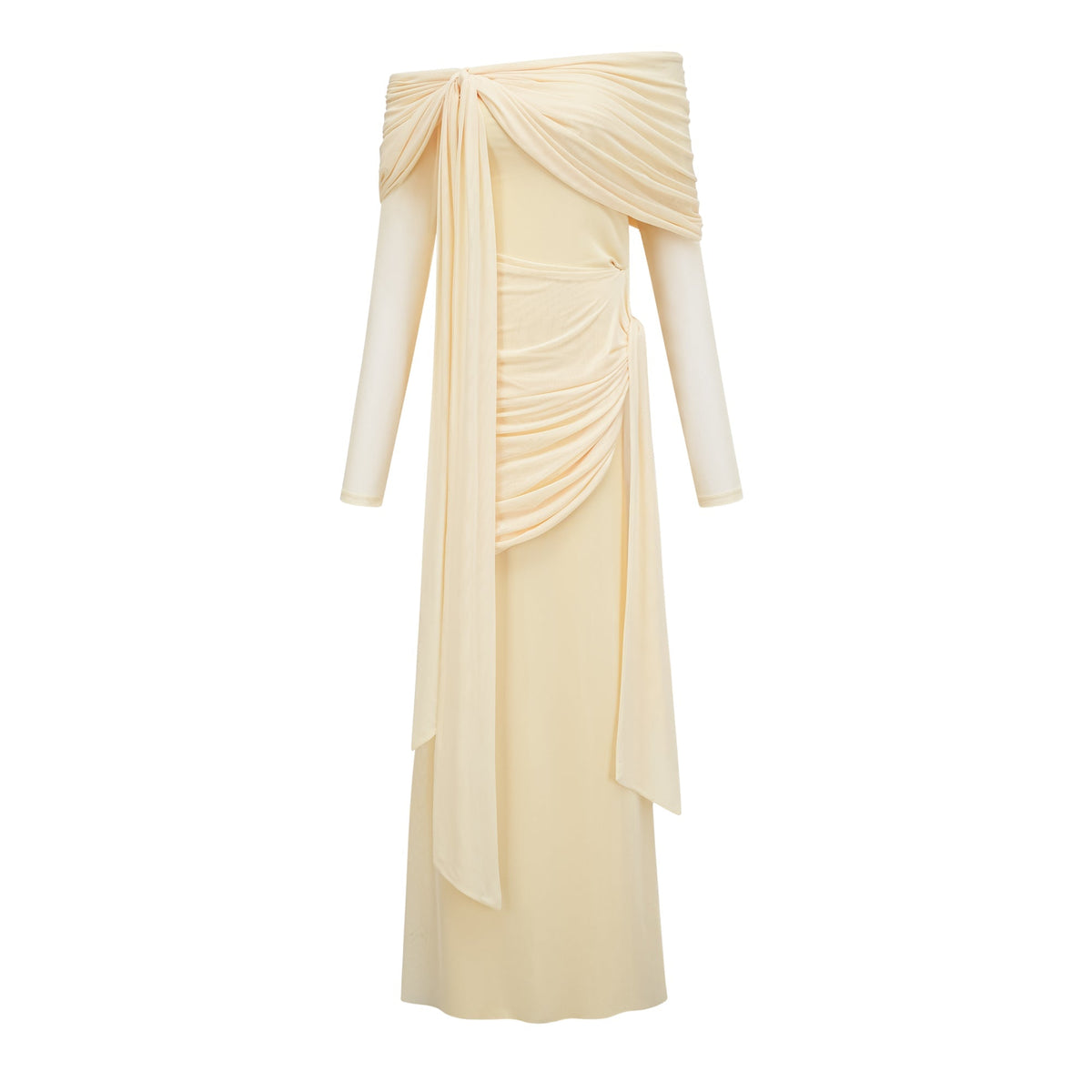 Juniper Açık Omuzlu Drapeli Maksi Abiye Elbise Sarı
