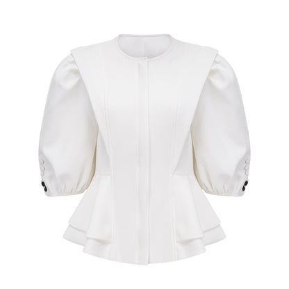 Gwenaëlle Peplum Belli Yarım Balon Kol Bluz Beyaz