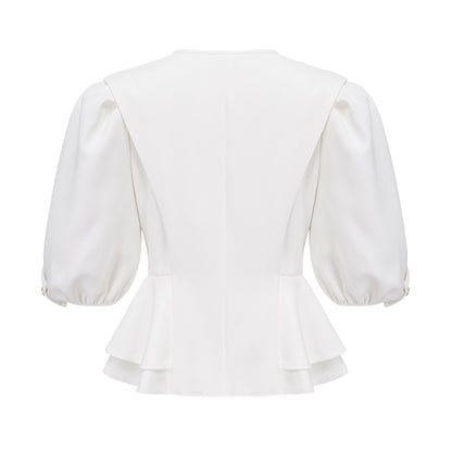 Gwenaëlle Peplum Belli Yarım Balon Kol Bluz Beyaz
