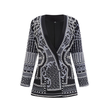 Catherine V Yaka Desenli Blazer Mini Elbise