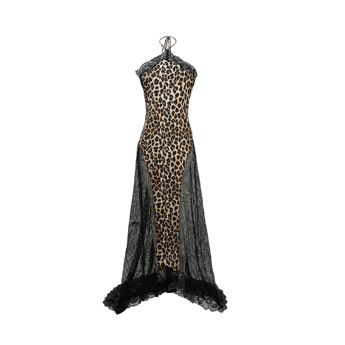 Alizée Dantel Panelli Leopar Desenli Maxi Elbise Kahverengi