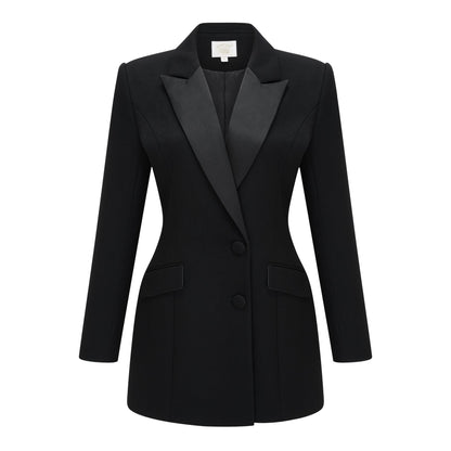 Fleur Saten Panelli Blazer Mini Elbise Siyah