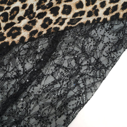 Alizée Dantel Panelli Leopar Desenli Maxi Elbise Kahverengi