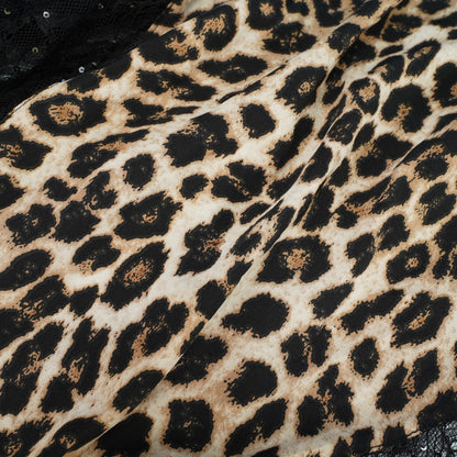Alizée Dantel Panelli Leopar Desenli Maxi Elbise Kahverengi