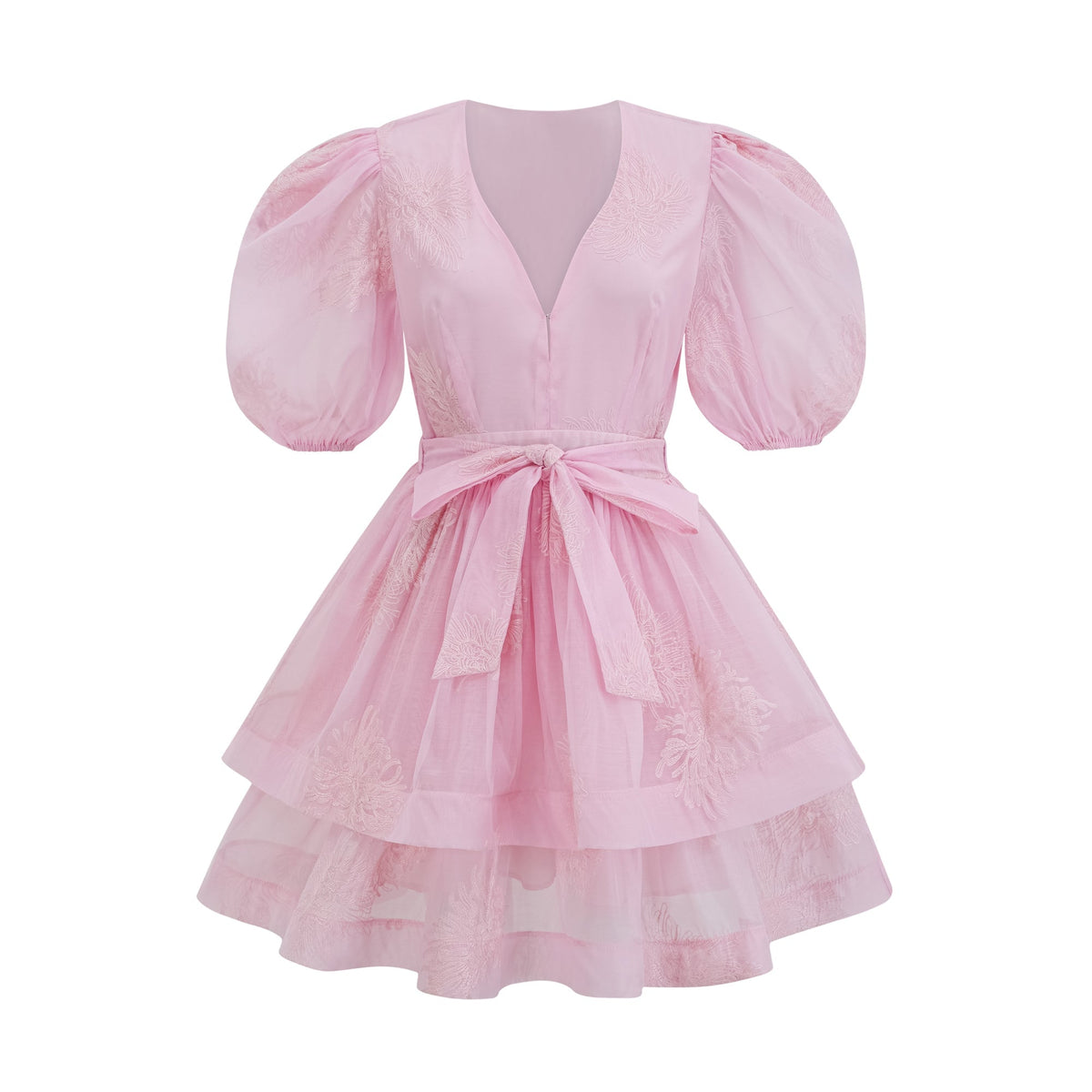 Florence Çiçek İşlemeli Katmanlı Mini Elbise Pembe