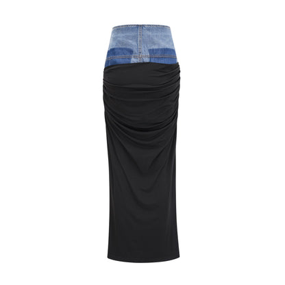 Nala Panel Detaylı Denim Üst ve Etek Takım Mavi Siyah
