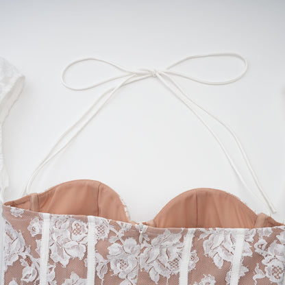 Vivienne Çiçekli Dantel Detaylı Korse Mini Elbise Beyaz