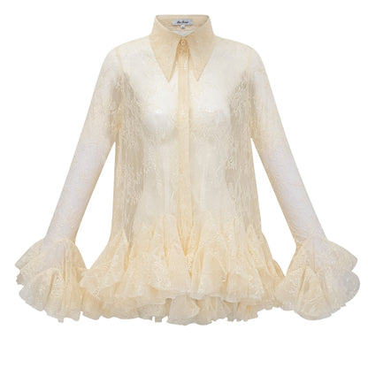 Ingrid Çiçek Desenli Dantel Peplum Bluz Nötr