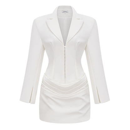 Rosette Büzgülü Blazer Mini Elbise Beyaz