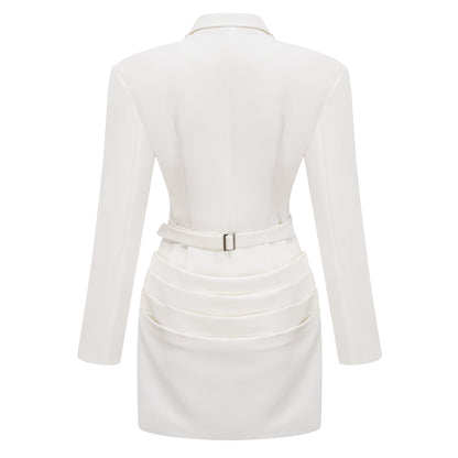 Rosette Büzgülü Blazer Mini Elbise Beyaz