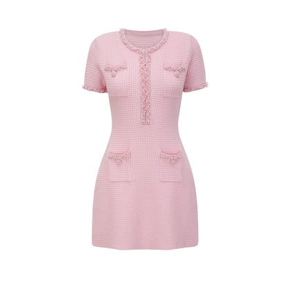 Eugénie Boncuk İşlemeli Triko Mini Elbise Pembe