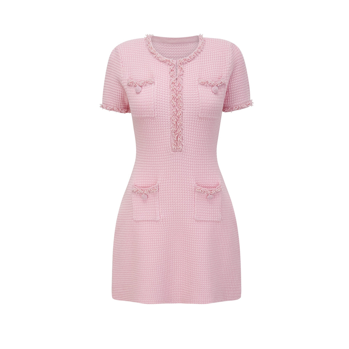 Eugénie Boncuk İşlemeli Triko Mini Elbise Pembe