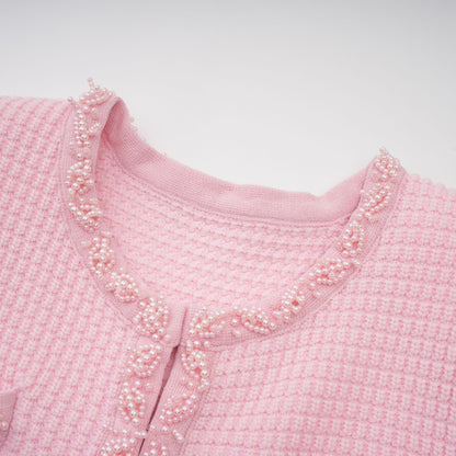 Eugénie Boncuk İşlemeli Triko Mini Elbise Pembe