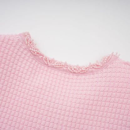 Eugénie Boncuk İşlemeli Triko Mini Elbise Pembe