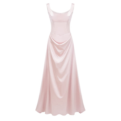 Fiona Kare Yaka Drape Detaylı Saten Maxi Elbise Pembe