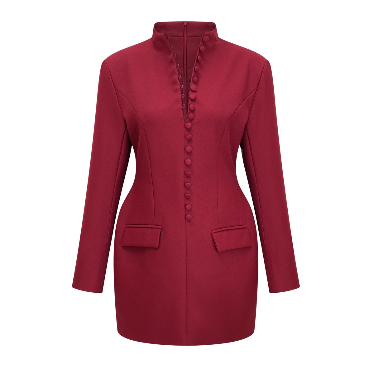 Valeria Dik Yaka Uzun Kollu Mini Elbise Bordo