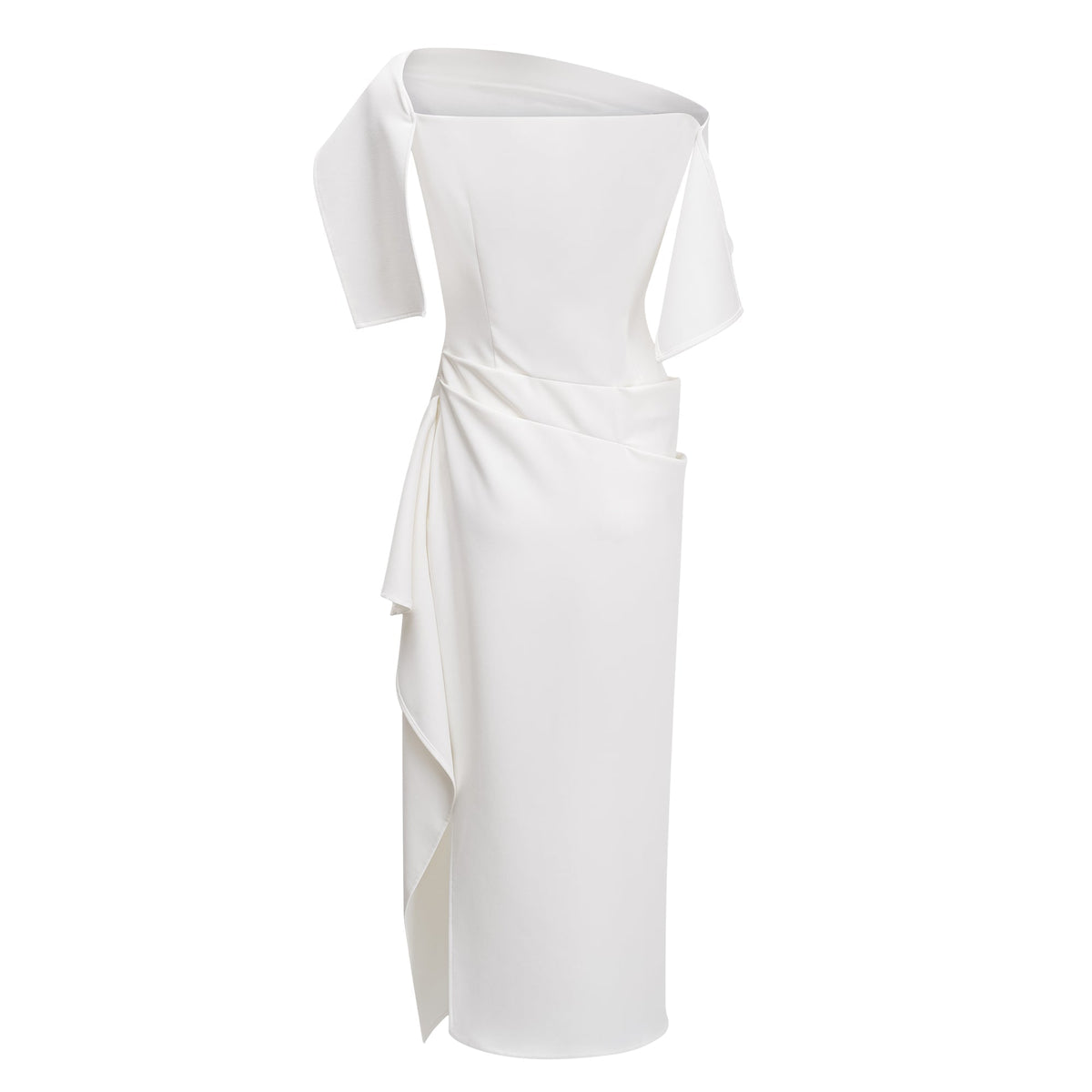 Kare Asimetrik Büzgülü Midi Elbise Beyaz