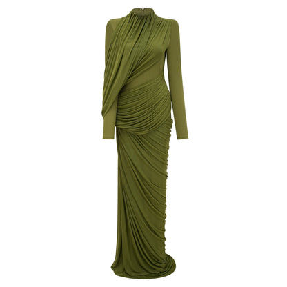 Arlette Asimetrik Büzgülü Maksi Elbise Yeşil