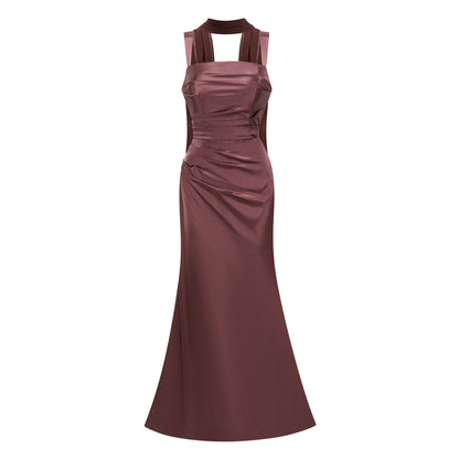 Inmaculada Drape Detaylı Saten Maxi Elbise Kahverengi