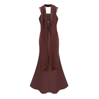 Inmaculada Drape Detaylı Saten Maxi Elbise Kahverengi
