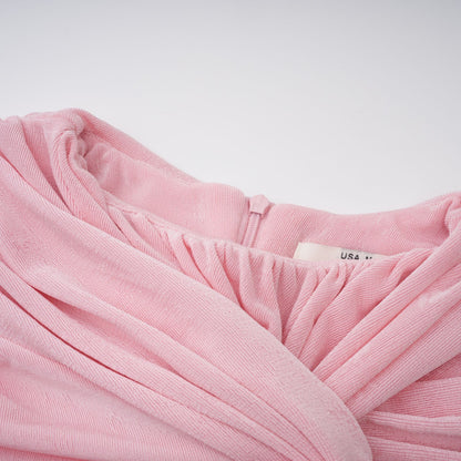 Moderne Şal Panel Büzgülü Maksi Elbise Pembe