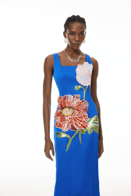 Damaris Çiçek İşlemeli Maksi Elbise Mavi