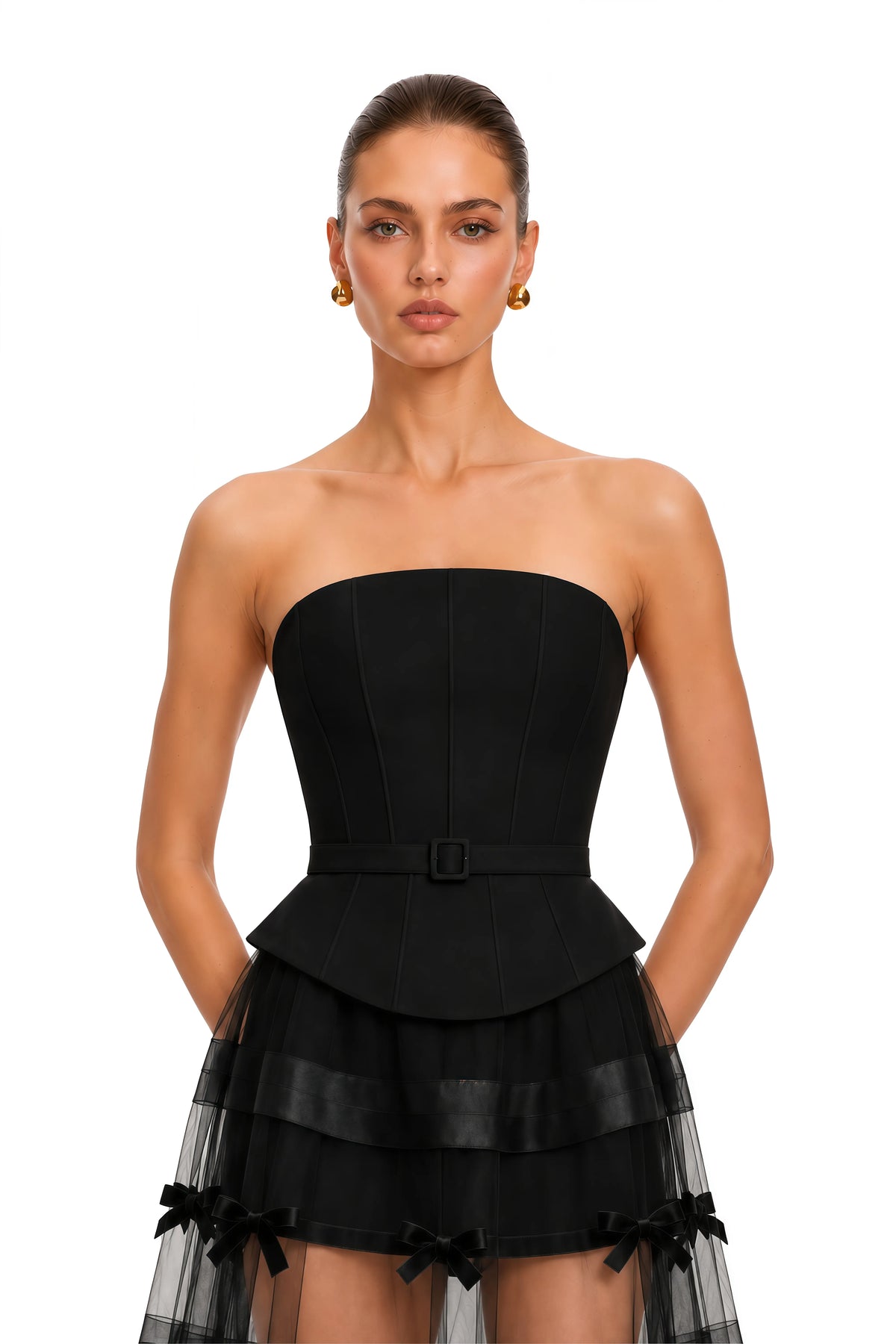 Delphinia Balon Kollu Crop Bluz ve Maksi Elbise Takım Siyah