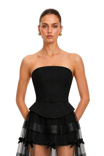 Delphinia Balon Kollu Crop Bluz ve Maksi Elbise Takım Siyah