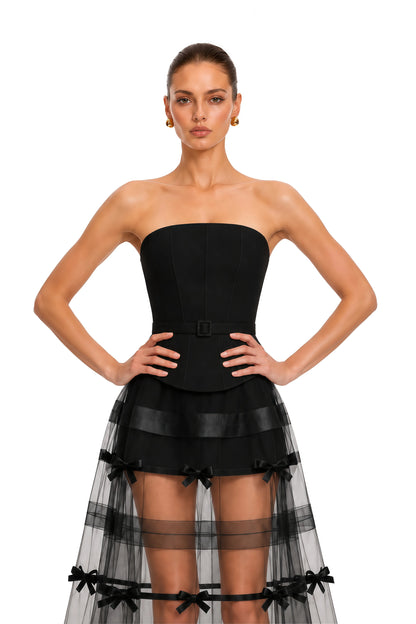 Delphinia Balon Kollu Crop Bluz ve Maksi Elbise Takım Siyah