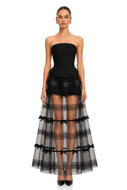Delphinia Balon Kollu Crop Bluz ve Maksi Elbise Takım Siyah
