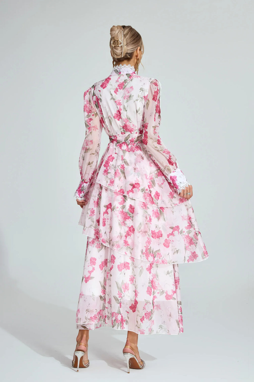 Aubree Pembe Çiçekli Şifon Maxi Elbise