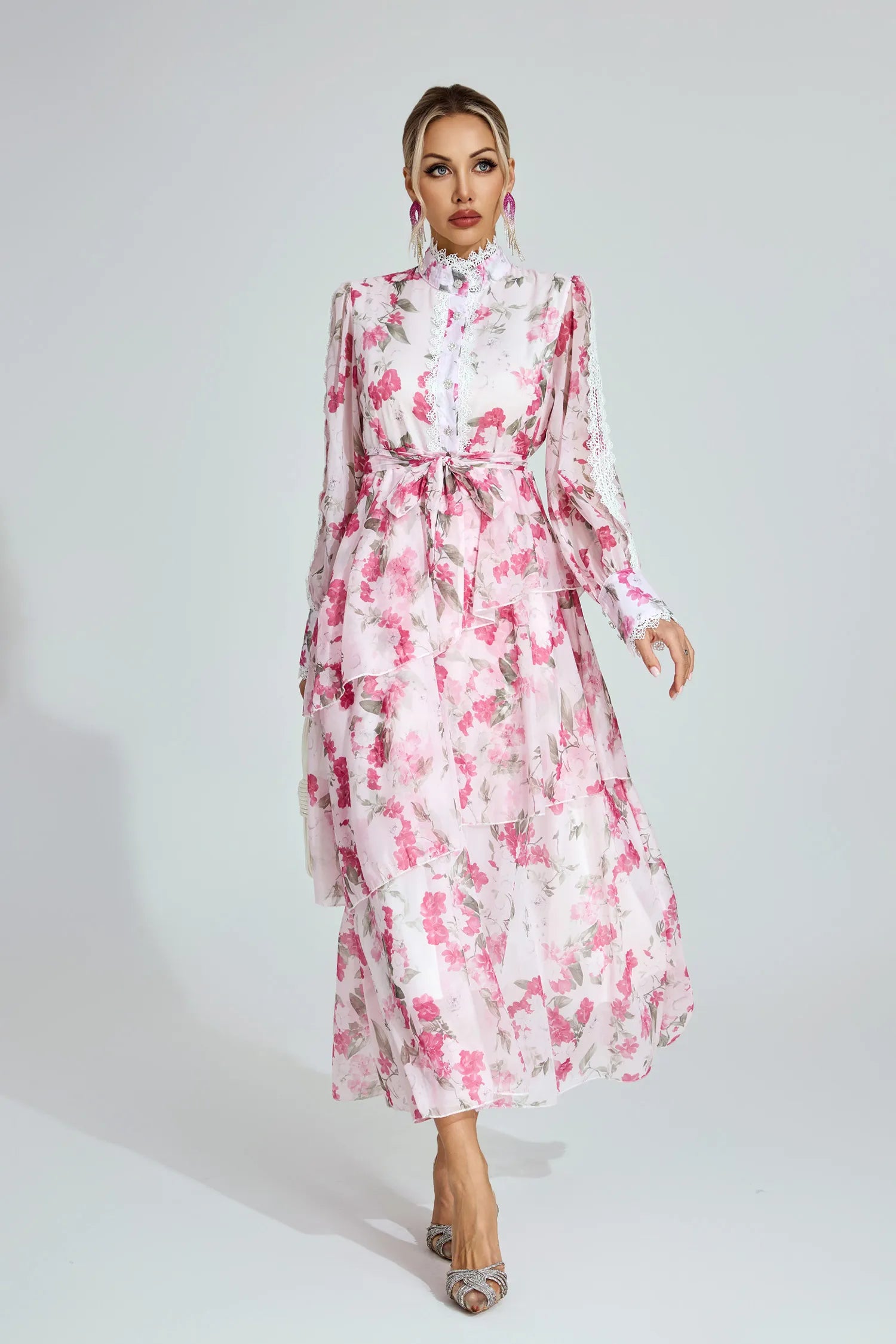 Aubree Pembe Çiçekli Şifon Maxi Elbise