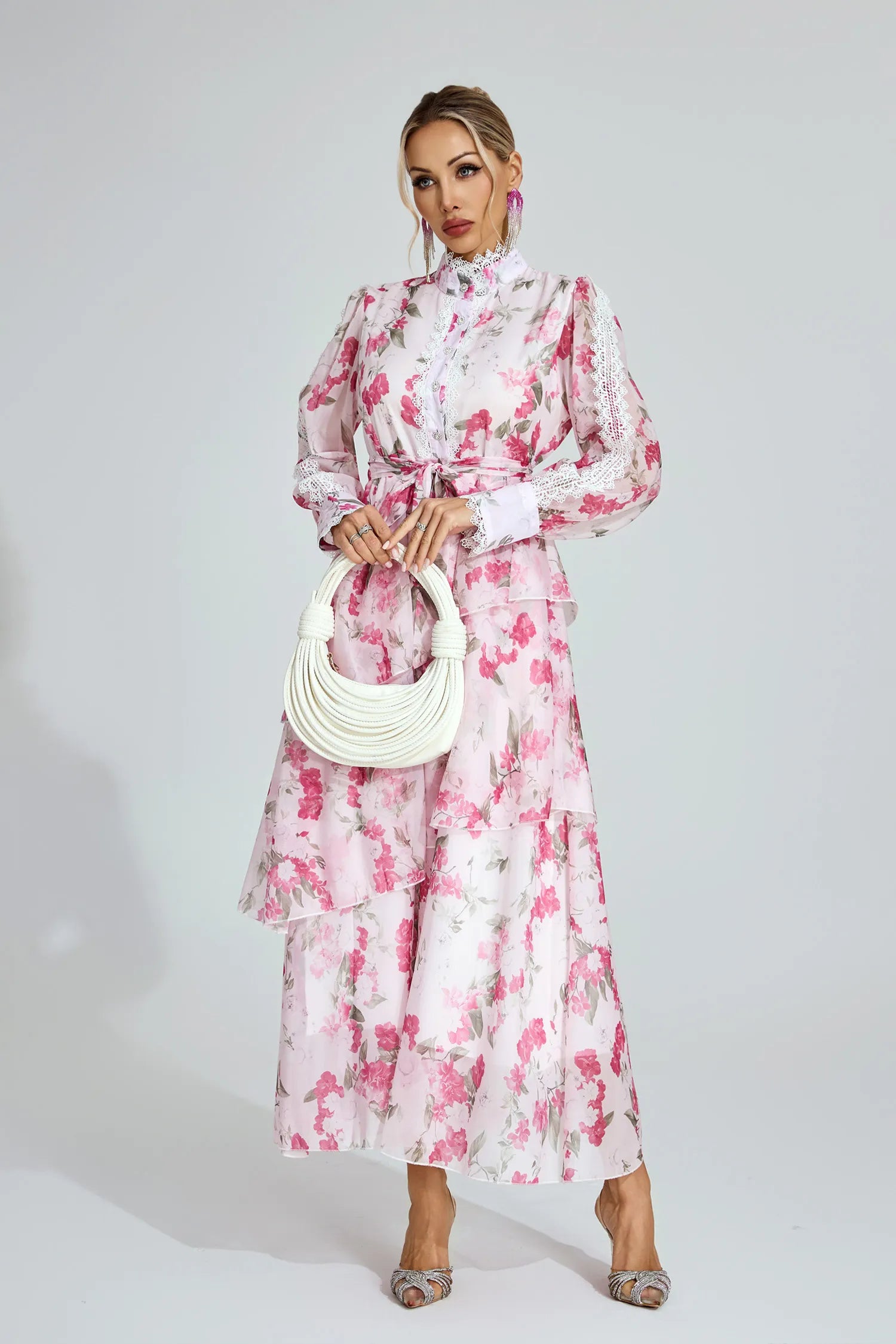 Aubree Pembe Çiçekli Şifon Maxi Elbise