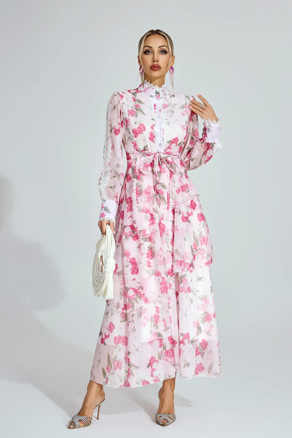 Aubree Pembe Çiçekli Şifon Maxi Elbise