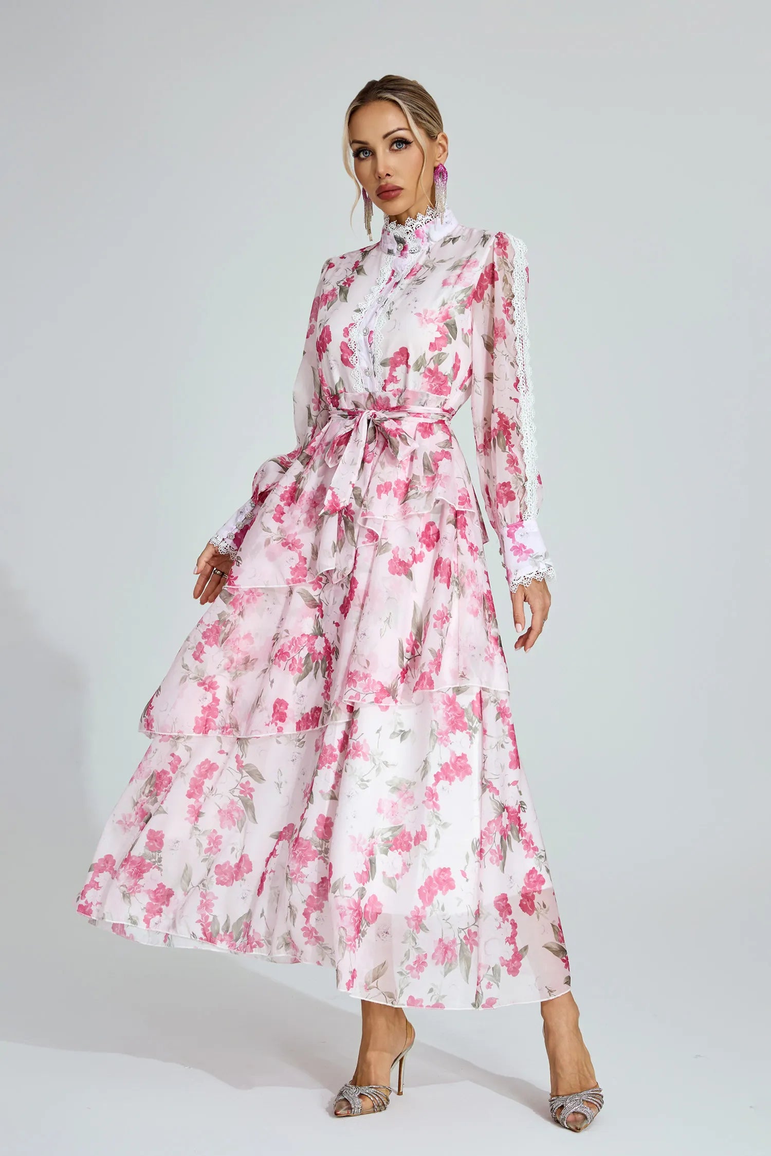 Aubree Pembe Çiçekli Şifon Maxi Elbise