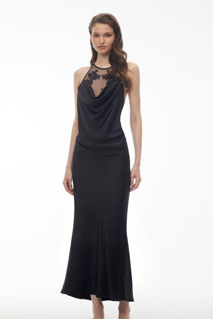 Eila Degaje Yaka Sırt Dekolteli Maksi Elbise Siyah