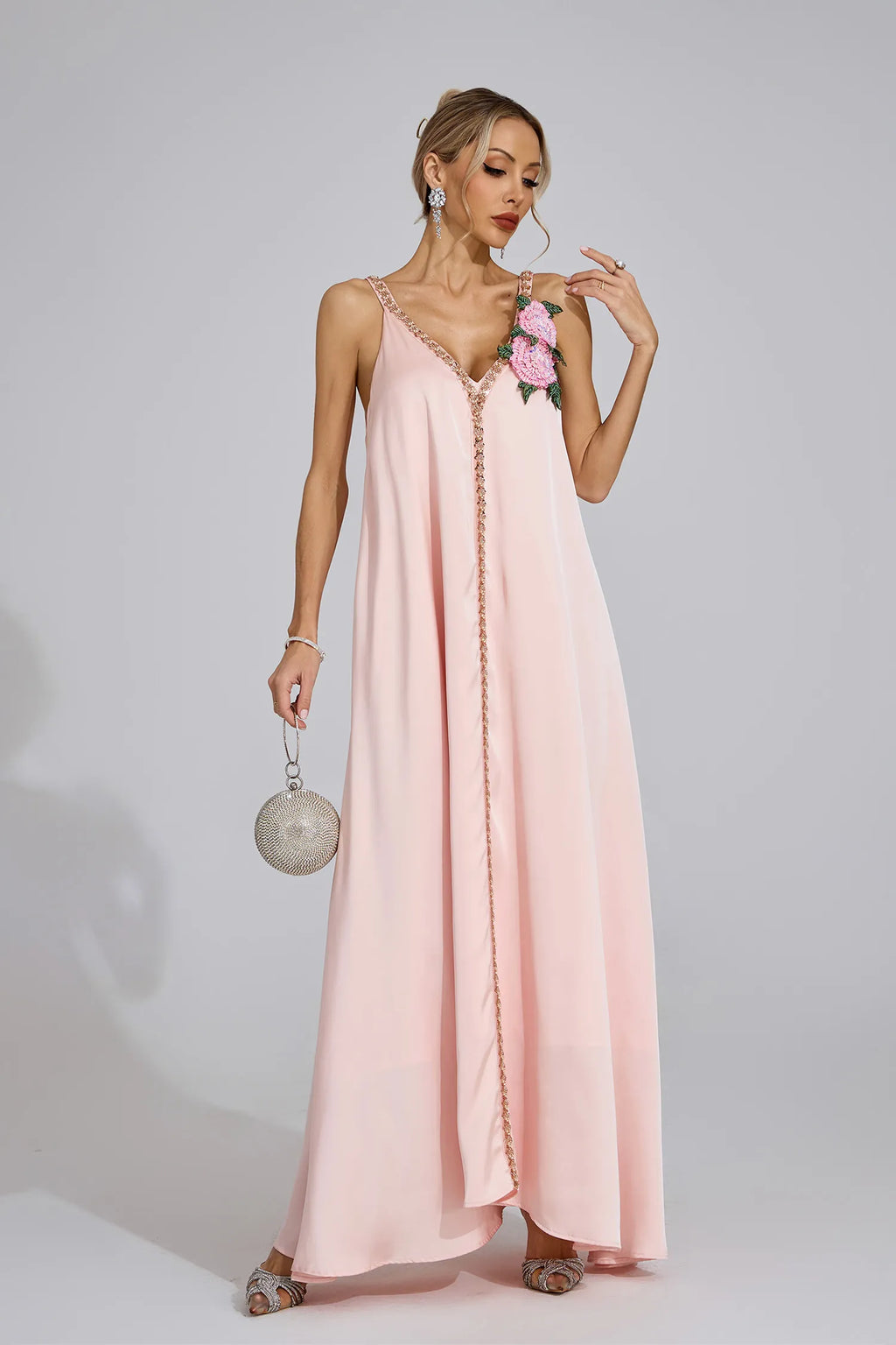Kamelya Pembe Saten Maxi Elbise