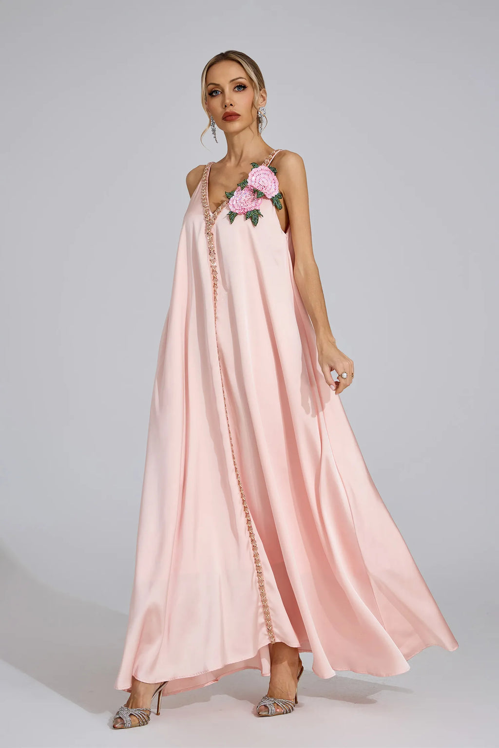 Kamelya Pembe Saten Maxi Elbise