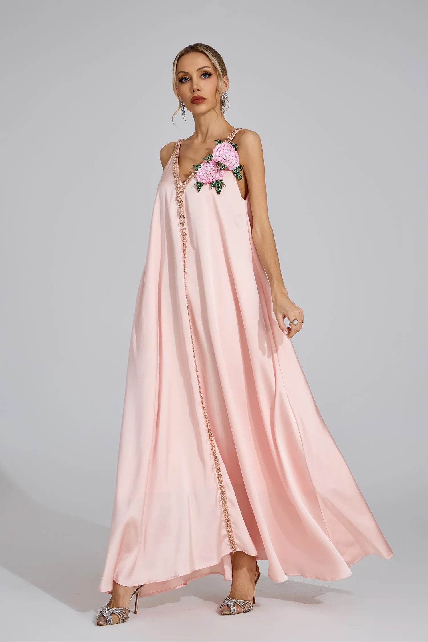 Kamelya Pembe Saten Maxi Elbise