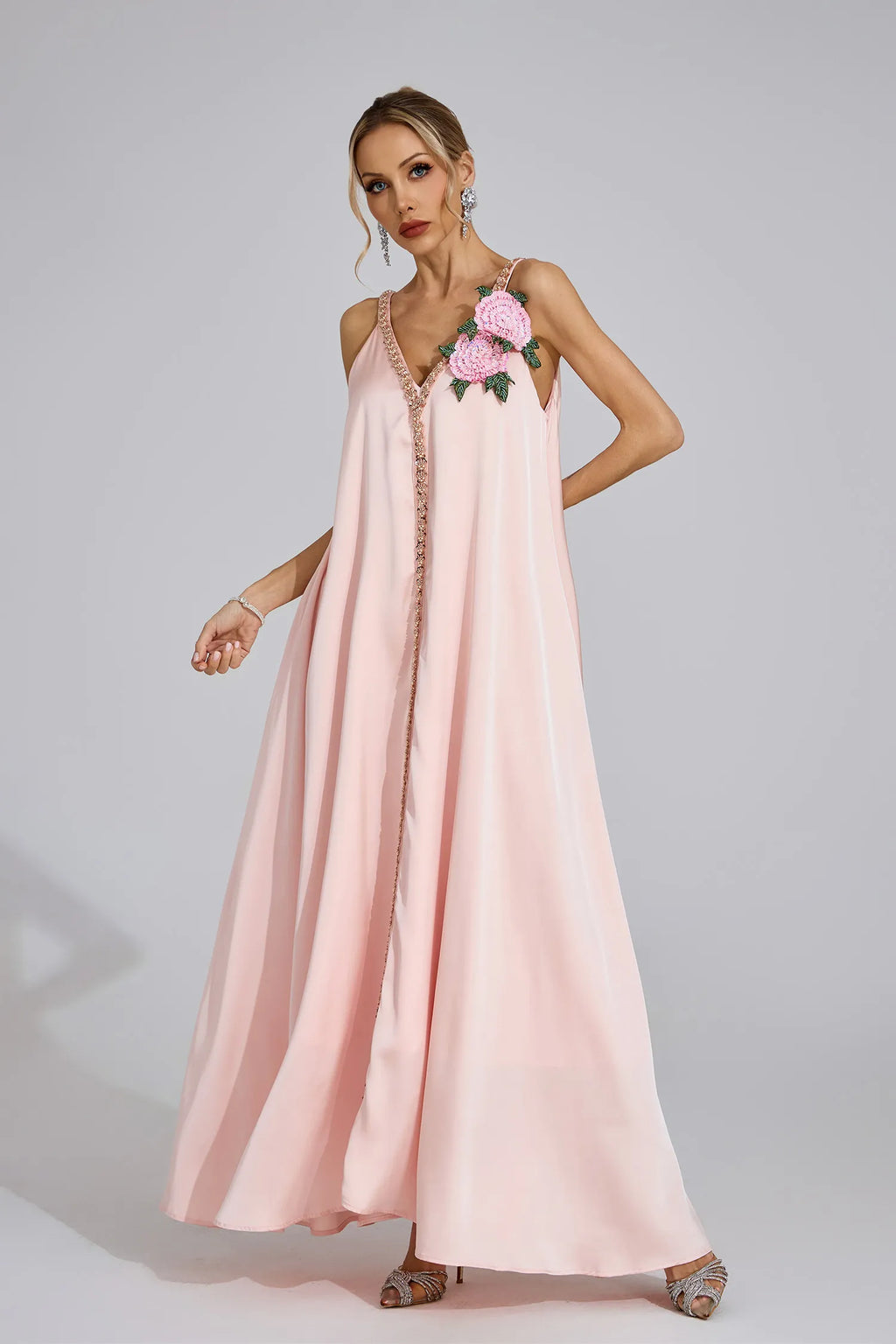Kamelya Pembe Saten Maxi Elbise