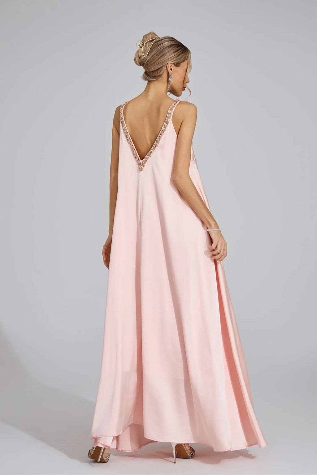 Kamelya Pembe Saten Maxi Elbise