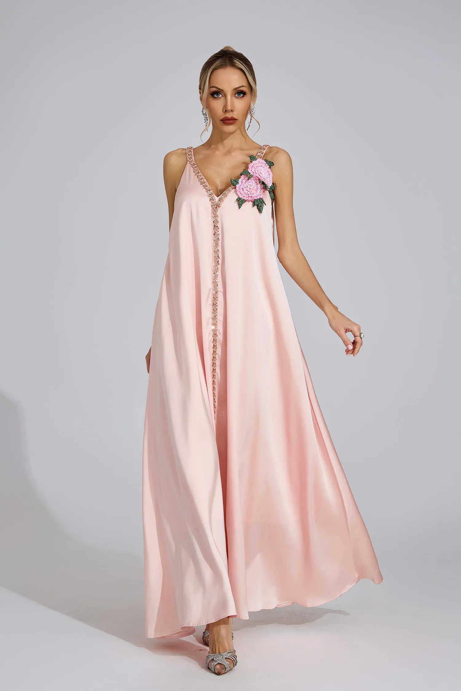 Kamelya Pembe Saten Maxi Elbise